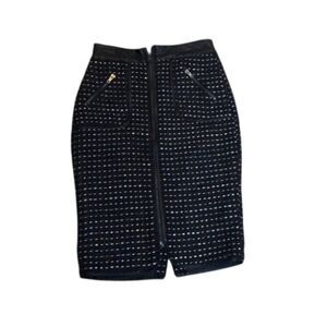 GRACIA Womens Black & White Tweed Pencil Skirt With Leather Trim Size Small Full